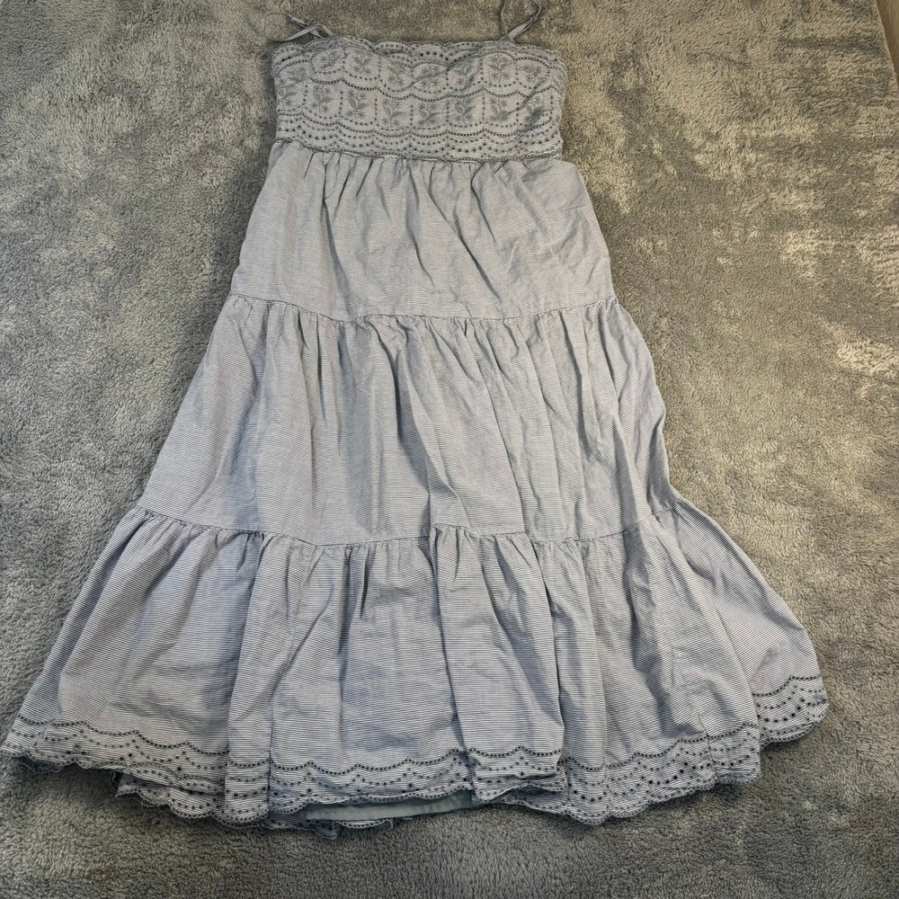 American Eagle Blue White Pinstripe Eyelet Smocked Tiered Maxi Dress Large